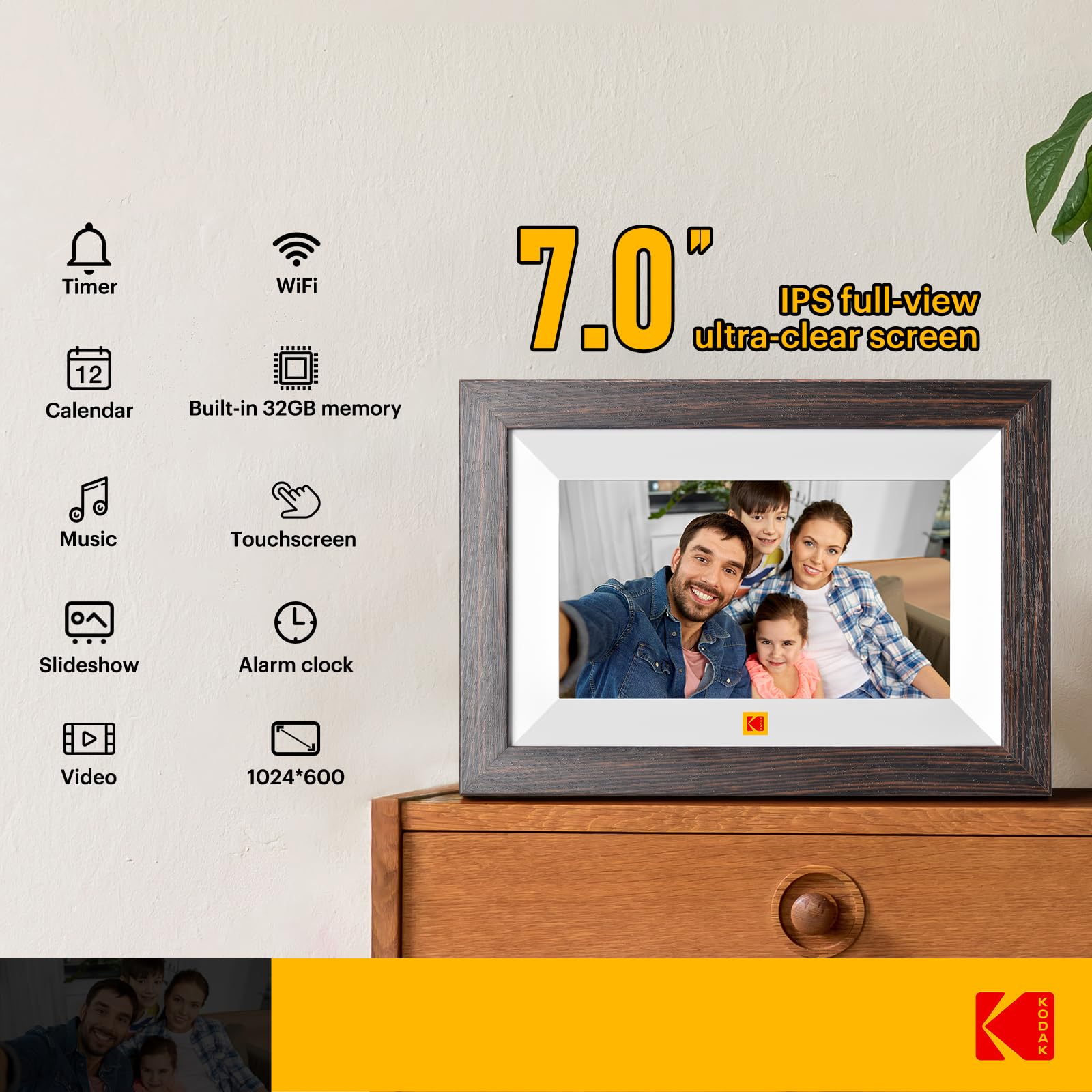 KODAK Marco de Fotos Digital, WiFi Marco Digital de Fotos 7 Pulgadas, HD IPS Pantalla Táctil, 32GB Marco Electrónico, Rotación Automática, Fácil Compartir para Fotos y Vídeos via App o Cable de Tipo C