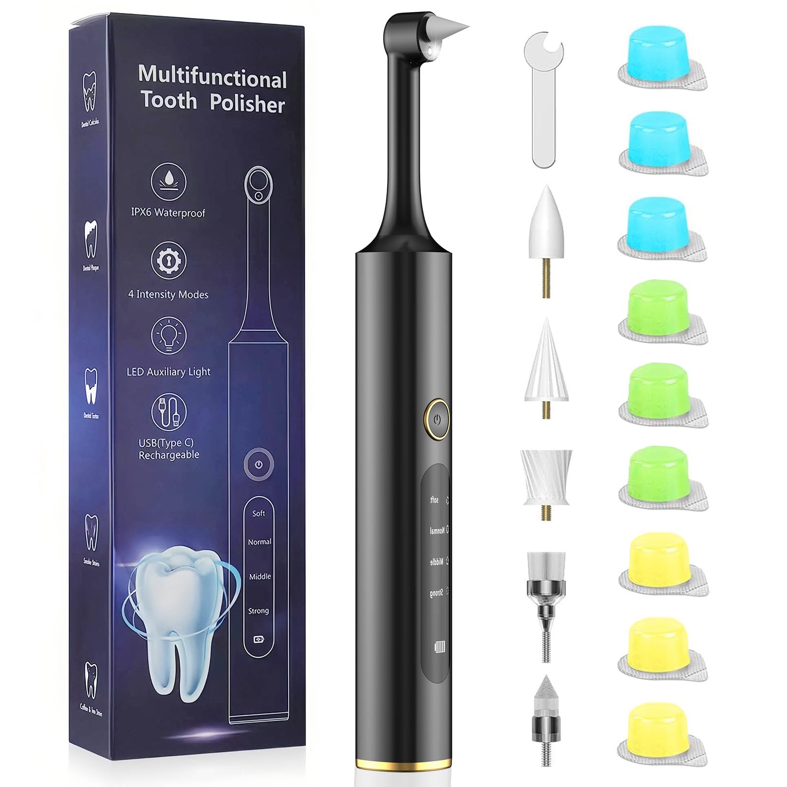 Rechargeable Tooth Polisher with 5 Brush Heads 9 Polish Pastes 4 Speed Modes IPX6 Teeth Cleaning Kit LED