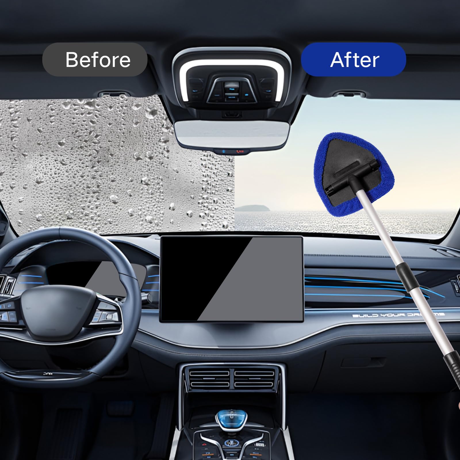 11pcs Windshield Cleaner Tool, Car Window Cleaning Wash Kit with 6 Reusable Microfiber Pads 2 Spray Bottles and Extendable Handles Auto Glass Wiper Kit, Blue