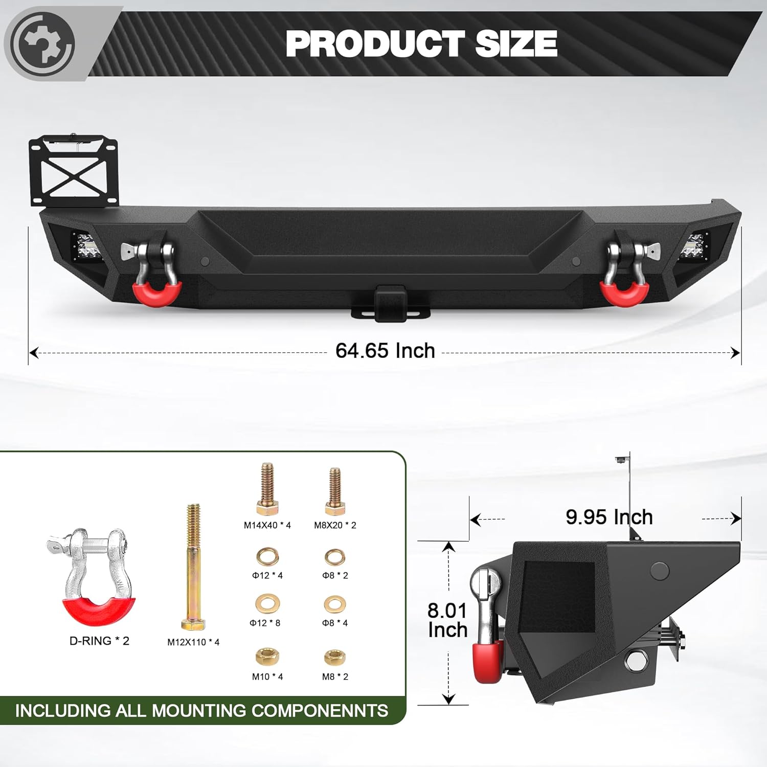 Wrangler Rear Bumper with Lights for 2019-2026 Jeep Wrangler JL JLU, 2019 2020 2021 2022 2023 2024 2025 2026 JL Rear Bumper w/LED Lights, D-rings