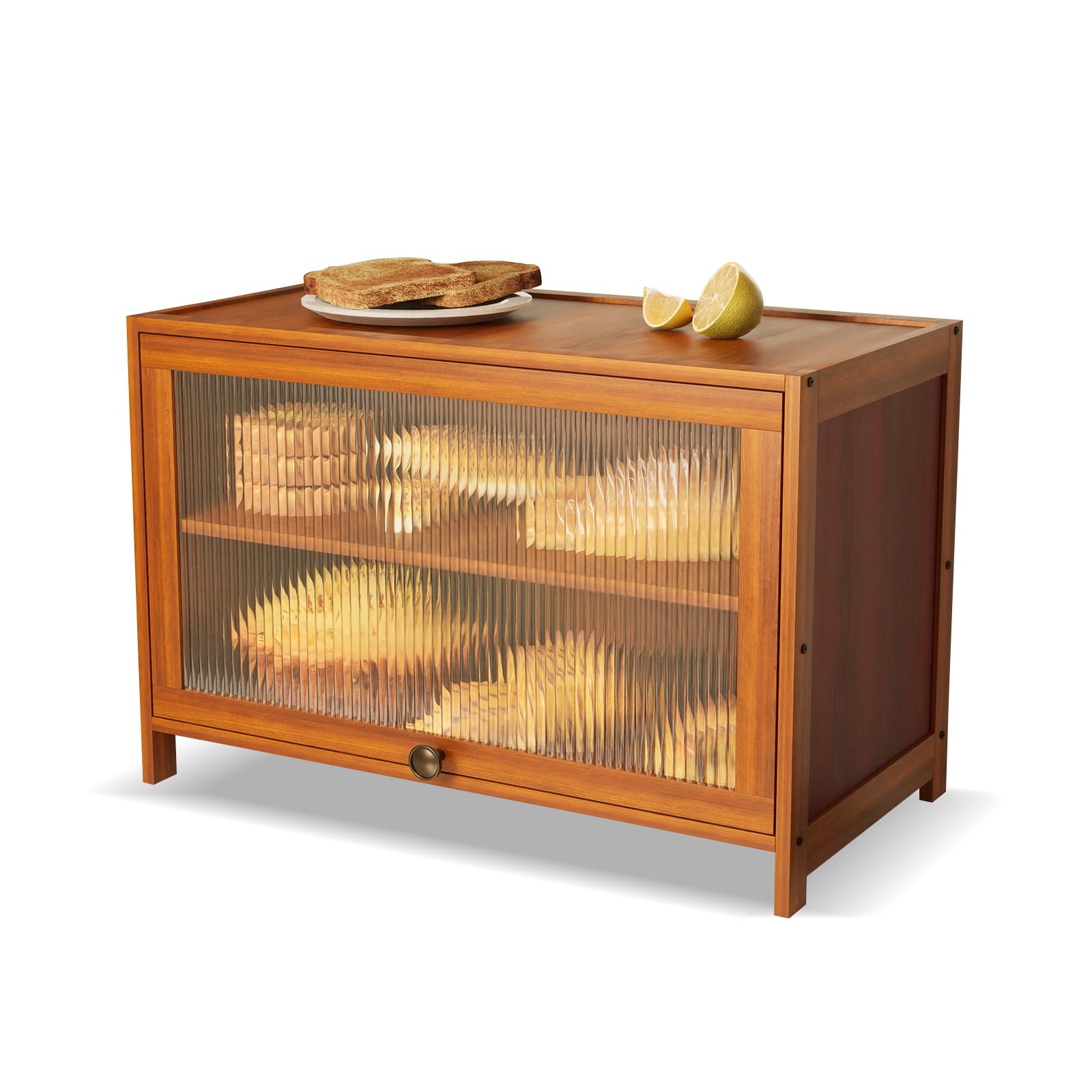 Panera de bambú, 2 niveles, 60 × 32 × 40 cm, caja de almacenamiento de pan con puerta de acrílico, para panes y panes