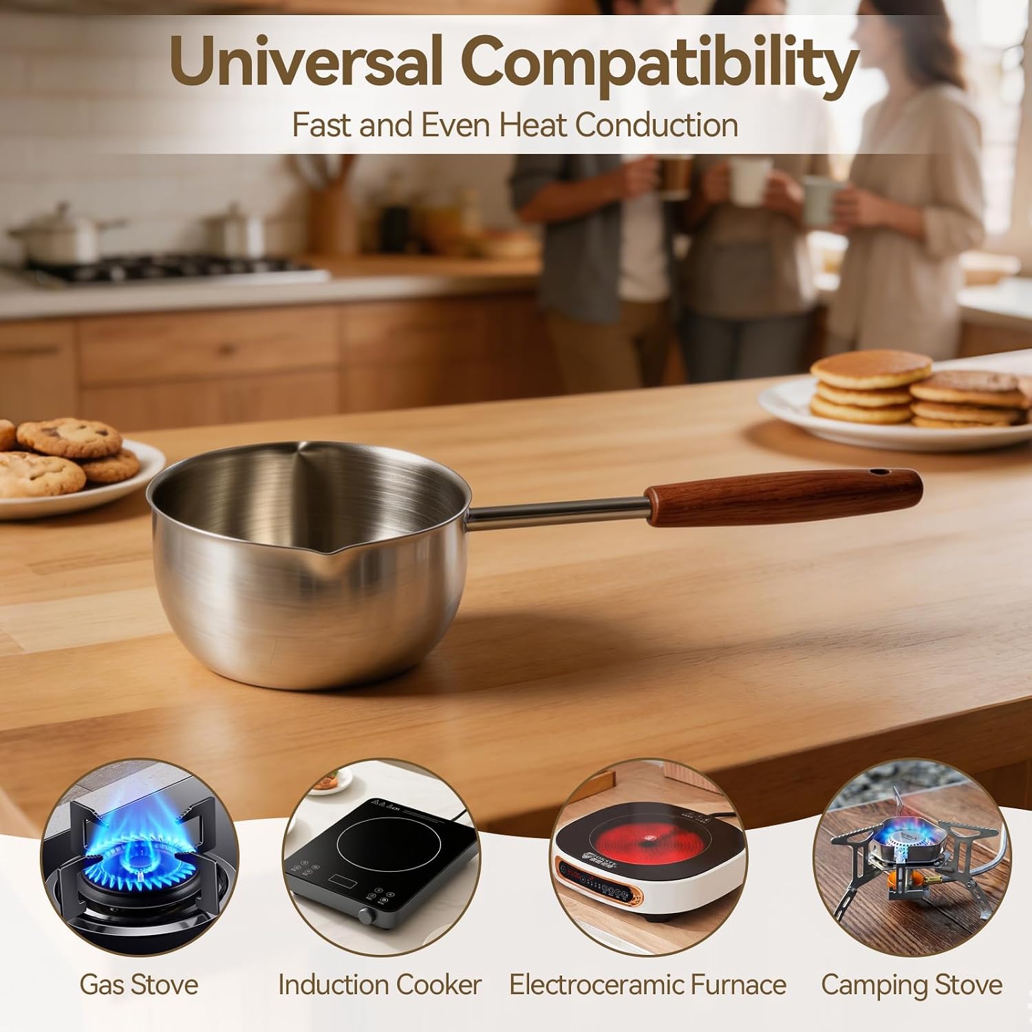 17floz 500ml Stainless Steel Butter Melting Pot, Small Saucepan with Wooden Handle for Chocolate & Milk Warming