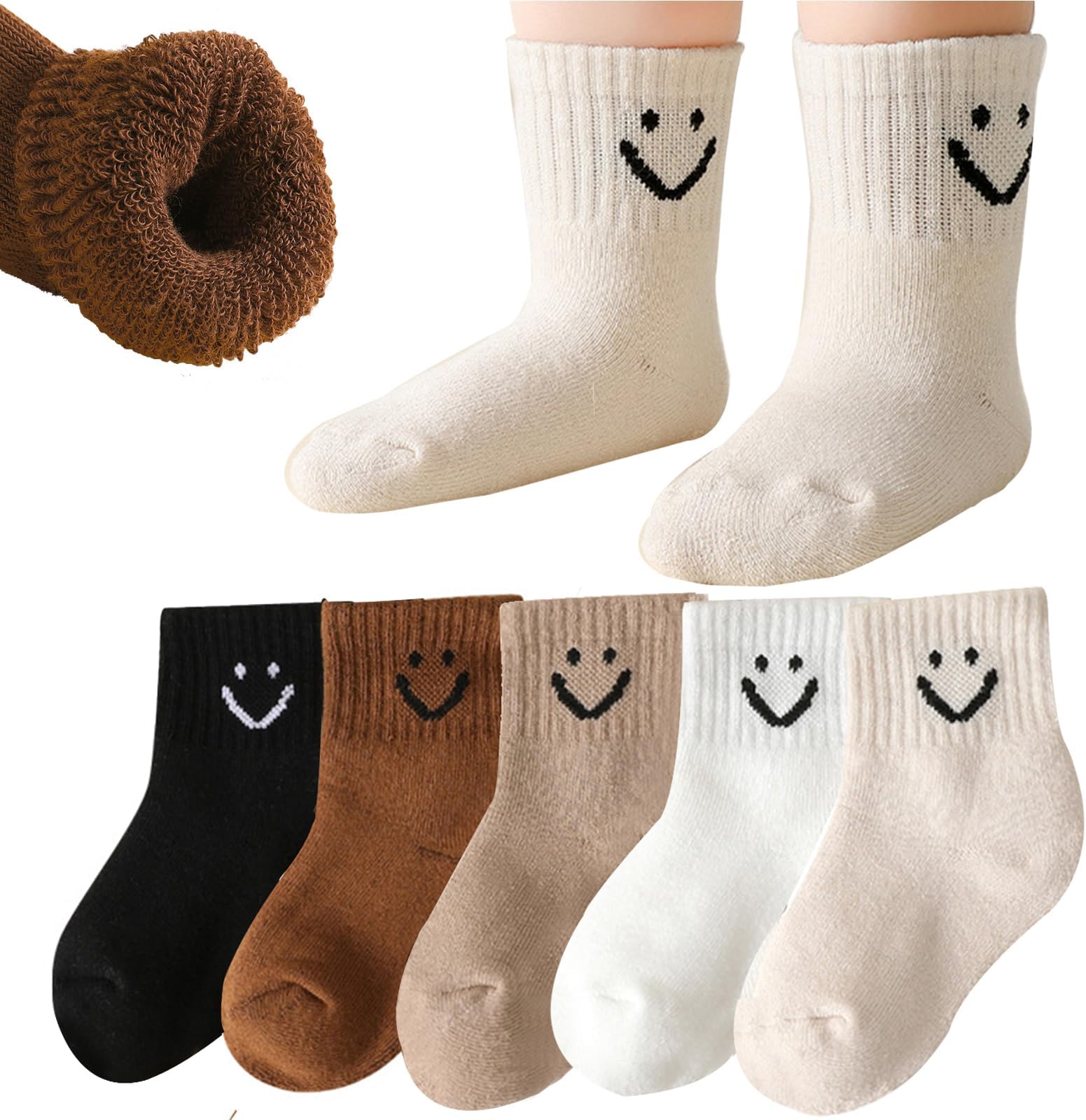 Baby Boys Girls Cute Smiley Face Ankle Toddler Terry Thick Winter Crew Socks Kids, 5 Pairs