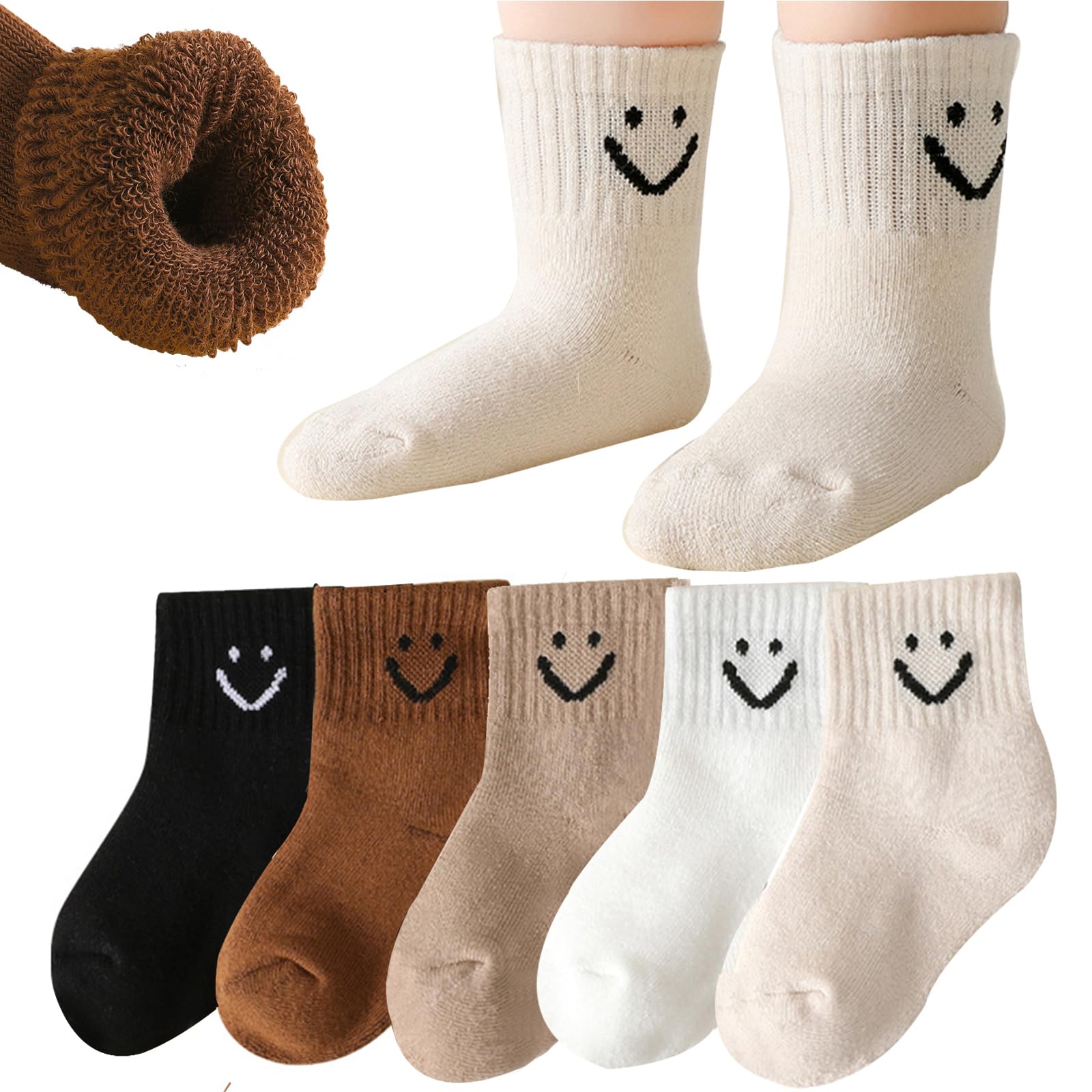 Baby Boys Girls Cute Smiley Face Ankle Toddler Terry Thick Winter Crew Socks Kids, 5 Pairs