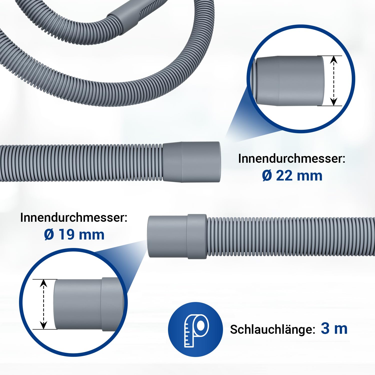 VIOKS Zestaw elastycznych ściekowych węży do zmywarki 3 m 19/22 mm Ø + 2 x zaciski obejmy + 1 x łącznik węża + 1 x łuk mocujący + wąż odpływowy
