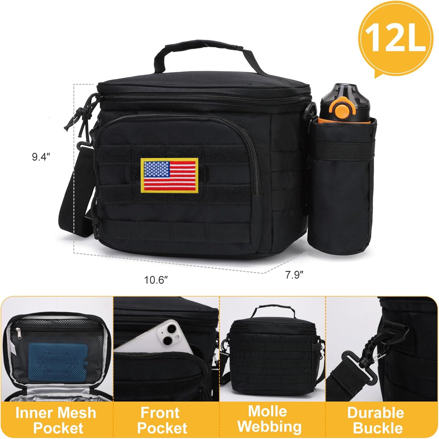Tactical Lunch Box for Men, Insulated Lunch Bag MOLLE Webbing Leakproof, Cooler Large Lunchbox Women Adult with Adjustable Shoulder Strap Durable, Construction Heavy Duty Lunch Pail, Black - Image 7