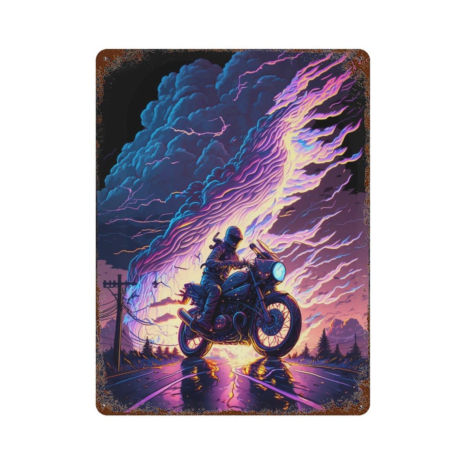 Thunderstorm Motorcycle Ride Rust Effect Tin Sign 15.7"x11.8", Vintage Wall Decor for Bistro, Counter And Cafe Decor