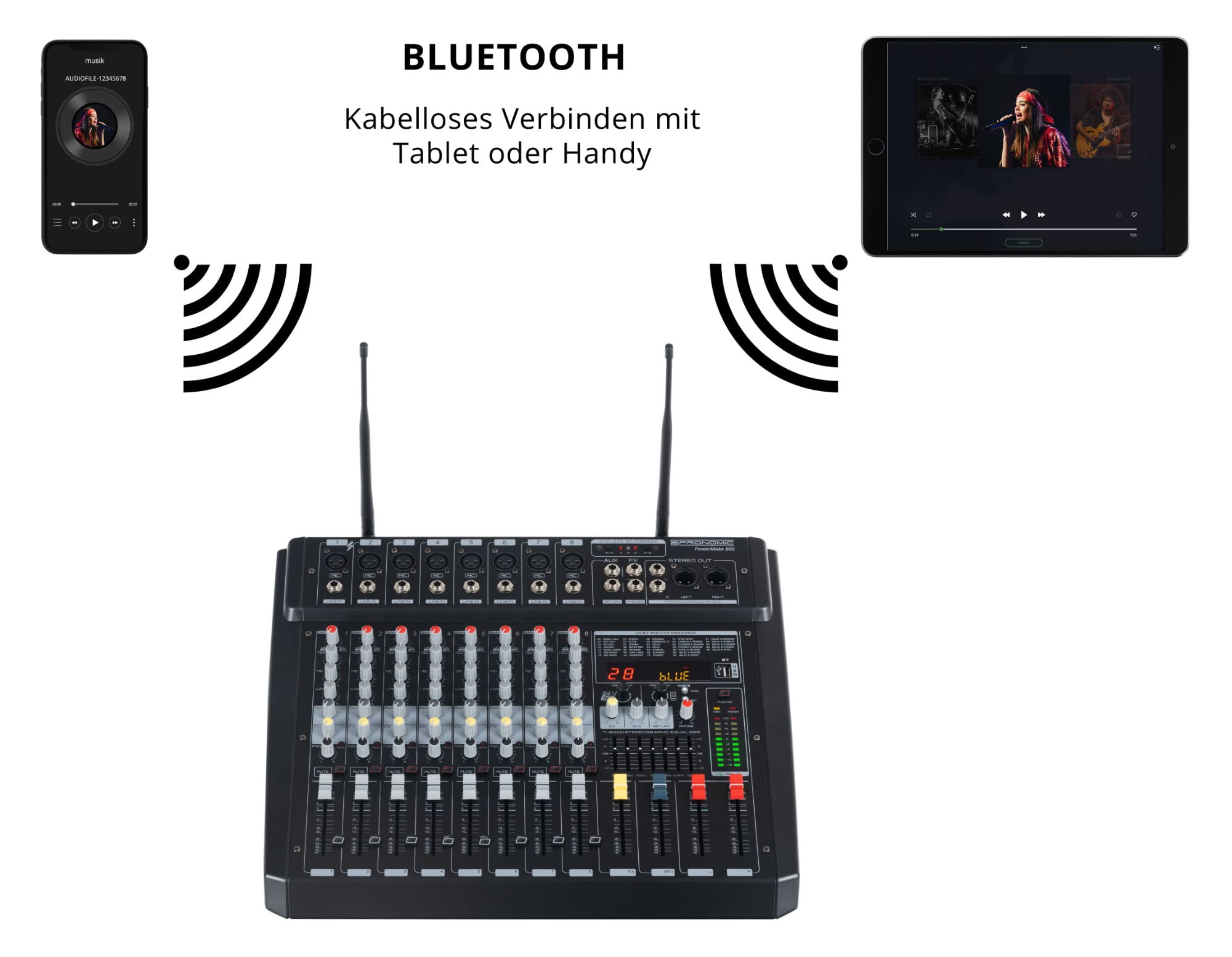 Pronomic Powermake 800 Powermischer - 8-Kanal-Mischpult - 2 UHF-Funkmikrofone - 760 Watt RMS-Leistung - 24Bit Multi-Effekt-Prozessor - Bluetooth®/USB-Player/Recorder - Grafischer Equalizer - Schwarz