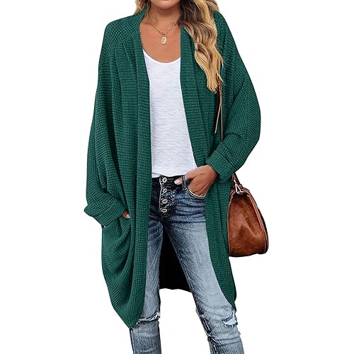 MEROKEETY Women's Waffle Knit Batwing Long Sleeve Cardigan Loose Open Front Sweater Coat