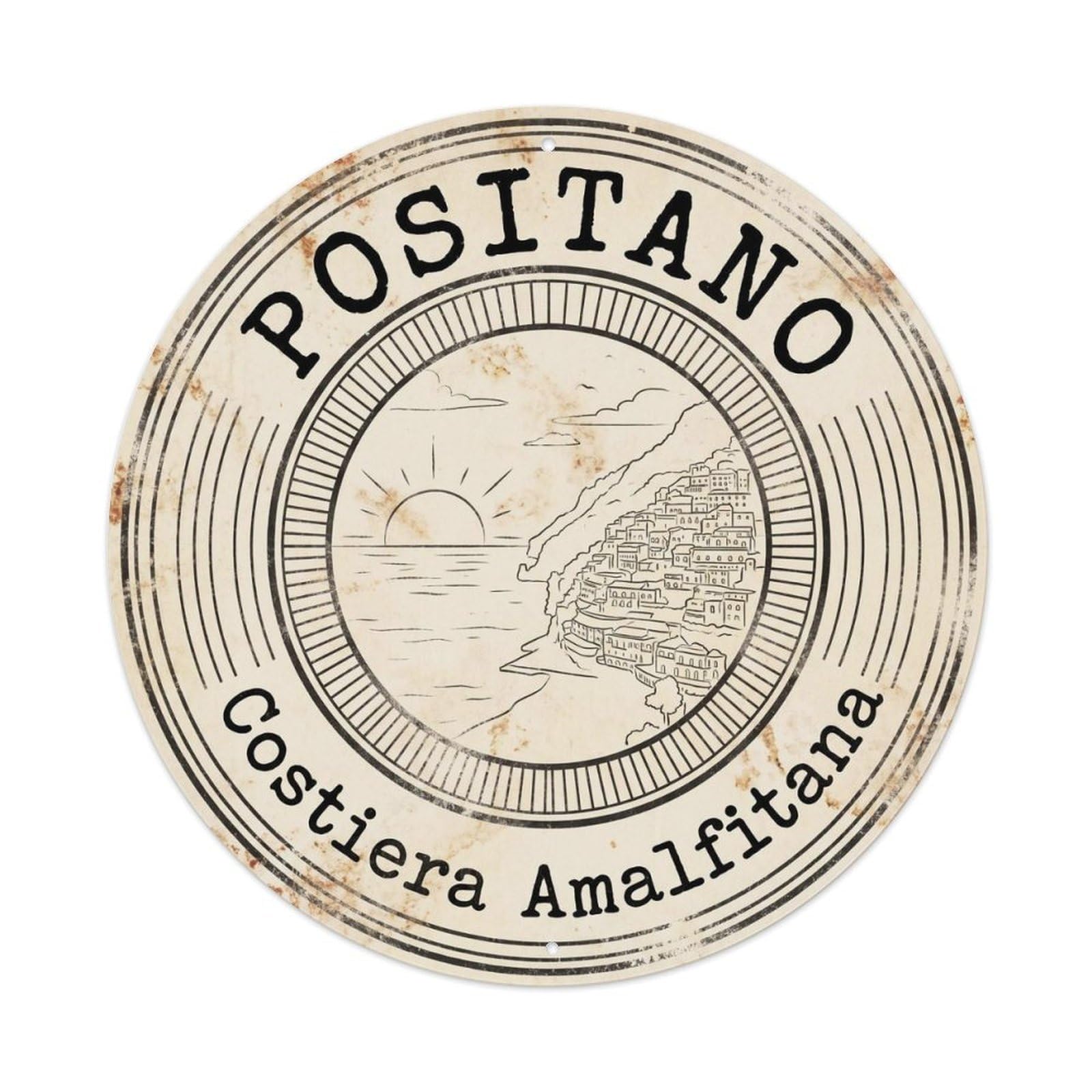 Mediterranean Positano Italian Emblem Vintage Seaside Metal Tin Sign Plaque Wall Decor for Cafe, Man Cave, Club Bar, Office, Home Garden Round Metal Poster 8x8Inch