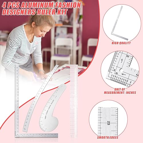 Miniatura 3 de Xuhal El kit de 4 reglas de aluminio para diseñadores de moda incluye regla curva de 12 pulgadas, regla de curva de cadera de 24 pulgadas, regla