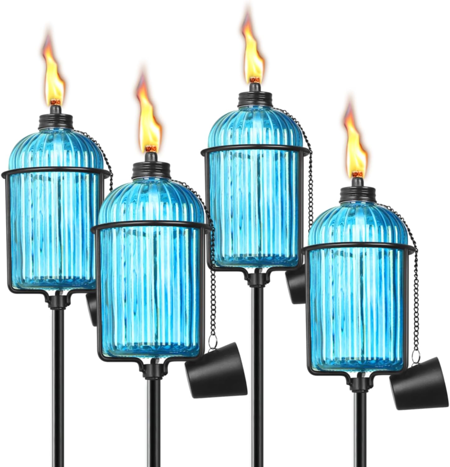 4 Pack Glass Garden Torch , 13.5 oz Blue Outdoor Torch Garden Décor , 61-Inch Upgraded Citronella Torches with 3-Prong Grounded Stake , Metal Light Torches for Party Patio Pathway