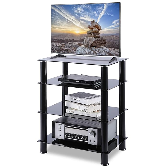 Buy 4 Tier Audio Rack Black Glass Component Media Stand Audio Video Tower Shelves, Storage