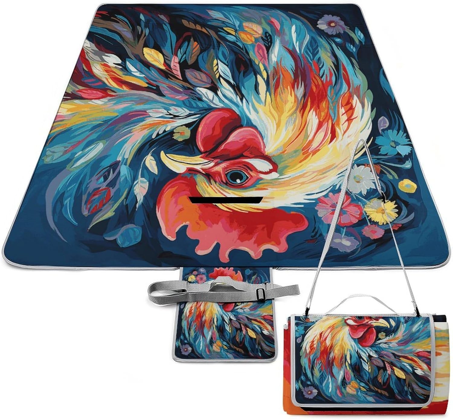 Art Colorful Chicken Waterproof Picnic Blanket 58.3''x58.3'',Portable and Foldable Picnic Mat with Handle,Outdoor Blankets for Lawn Park Beach Travel
