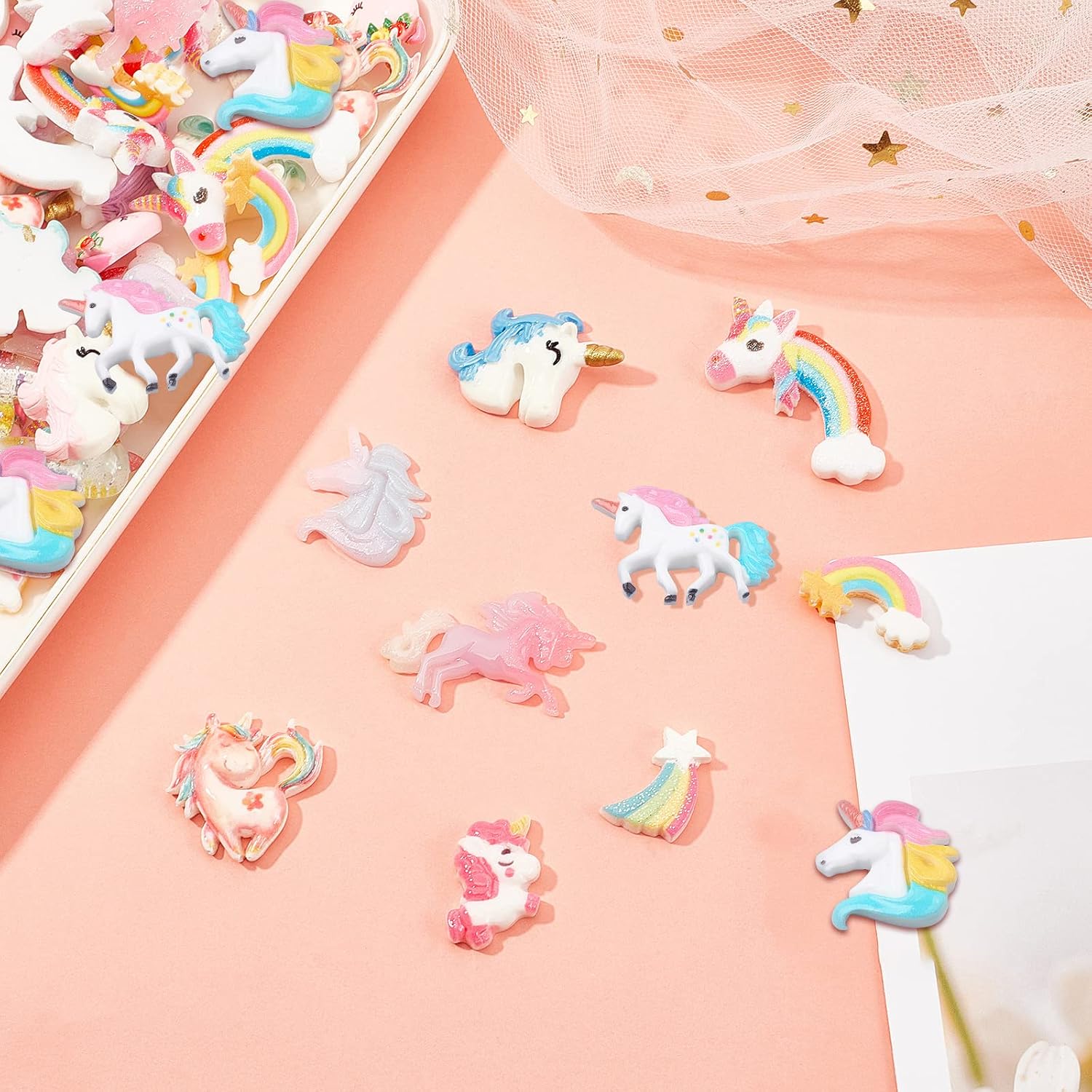 SUNNYCLUE 80Pcs 10 Styles Unicorn Resin Cabochon Rainbow Charms Flatback Colorful Large 3D Star Cloud Beads for DIY Scrapbooking Embellishments Jewelry Making Crafts Making Supplies