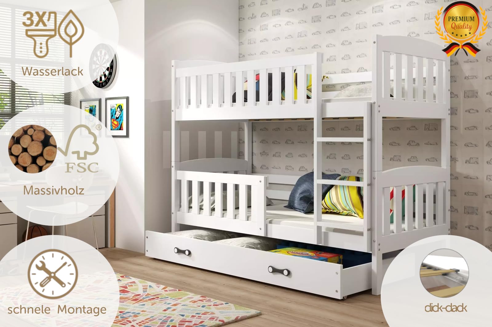 Interbeds Etagenbett 200x90cm Hochbett Stockbett mit Schublade Holzbett Kiefernholz Kinderbett Jugenbett mit Lattenrost und Rausfallschutz (weiß, 200x90)