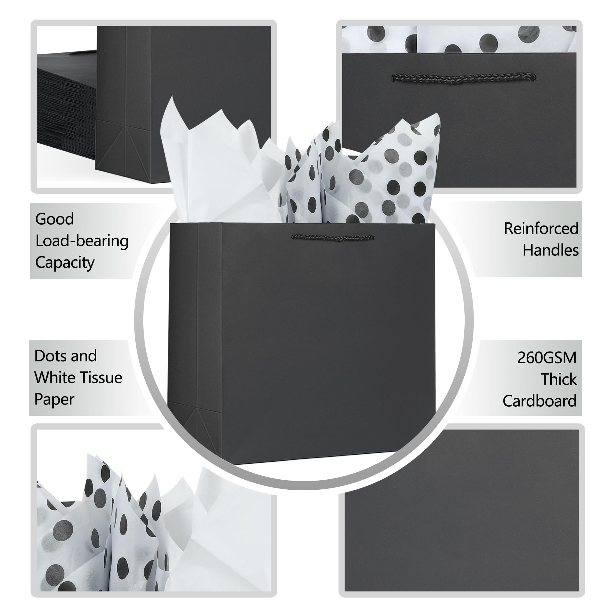 Offizon 12 Pack 12.6 Inches Black Gift Bags, Large Paper Bags with Tissue Paper (32x11.5x28cm), Large-Black1-12PCS, Large (Pack of 12) - Image 3