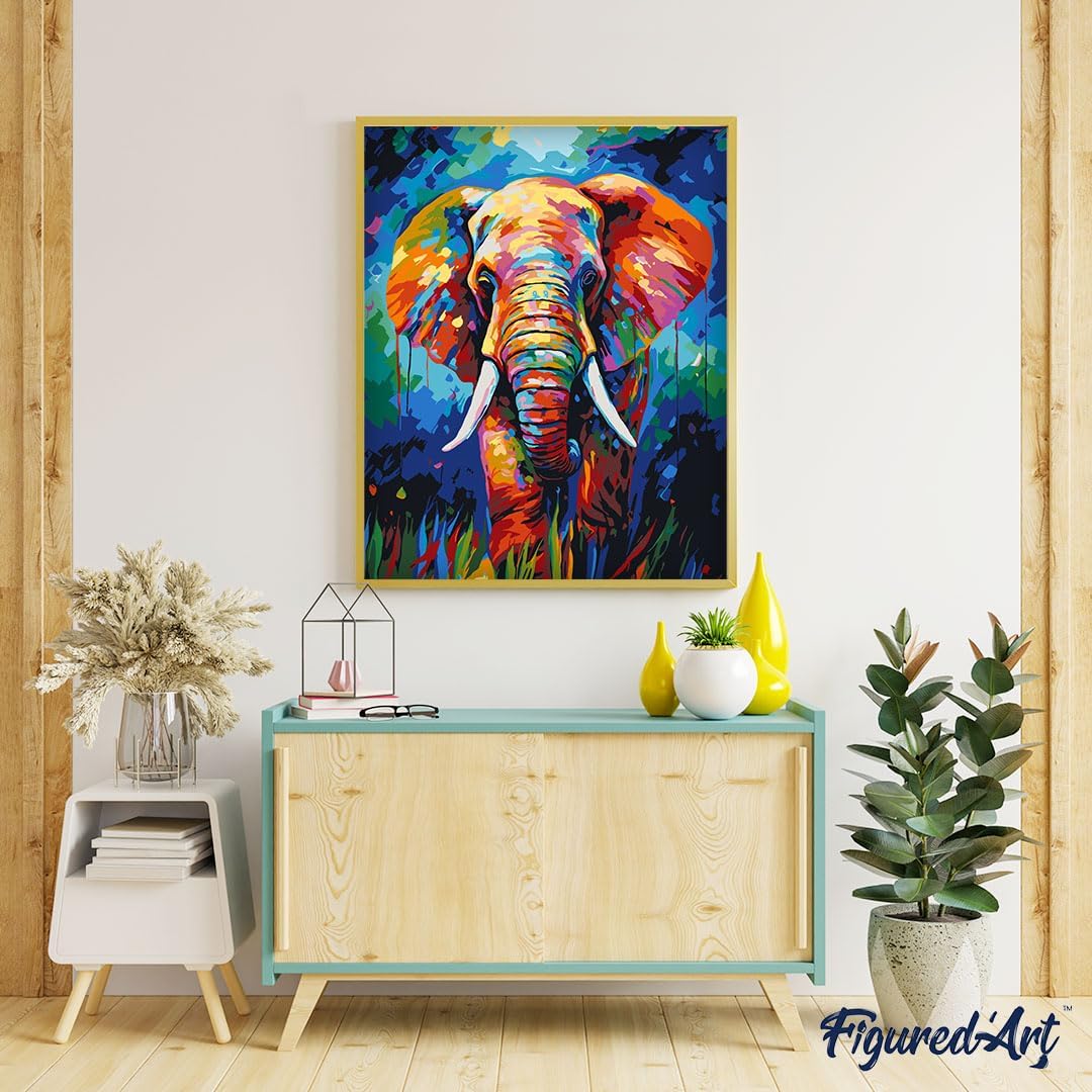 Figured'Art Paint by Number for Adults Colorful Abstract Elephant 16"x20" - Craft Art Painting Rolled Canvas with DIY Wooden Frame