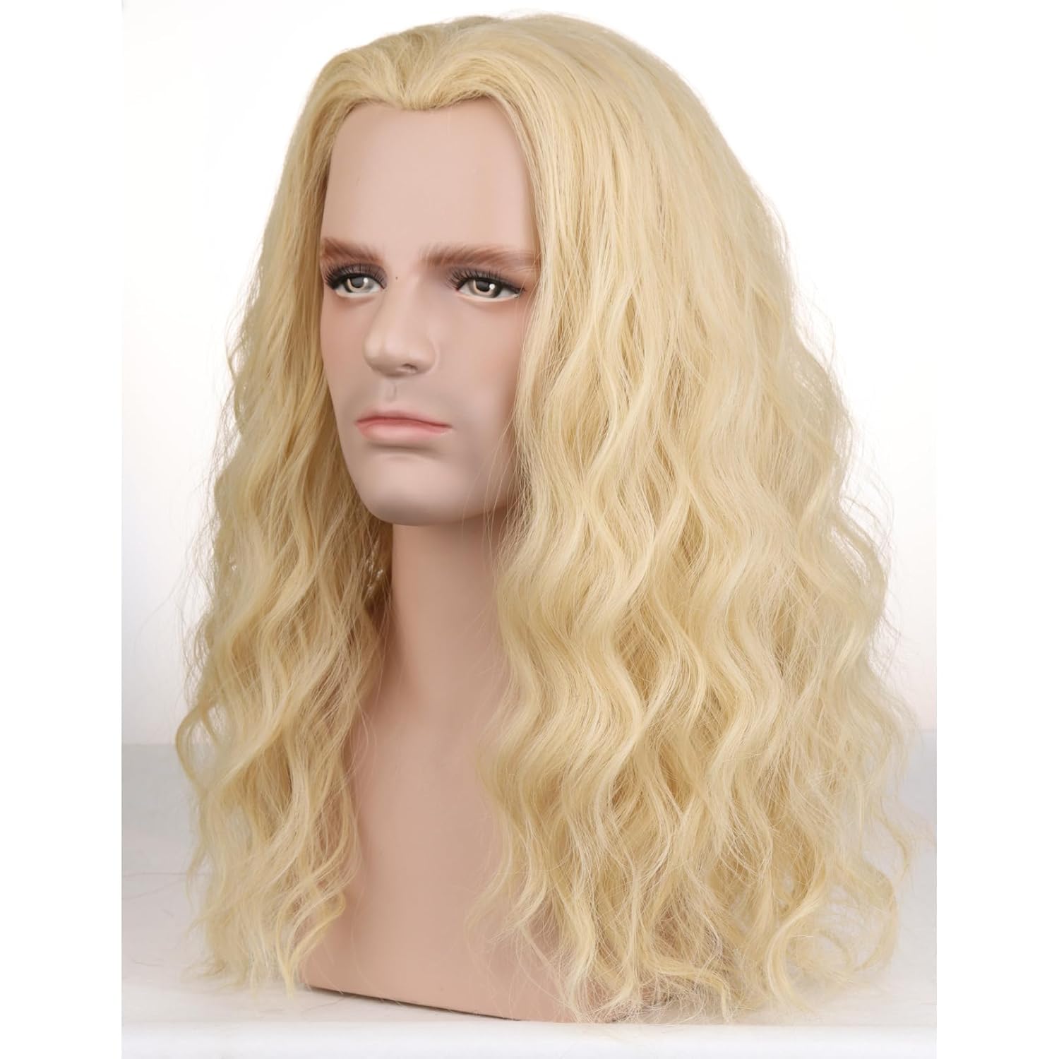 BERON Mens Light Blonde Long Wigs With Halloween Cosplay Costume Party Wig Curly Middle Part Hair Wigs