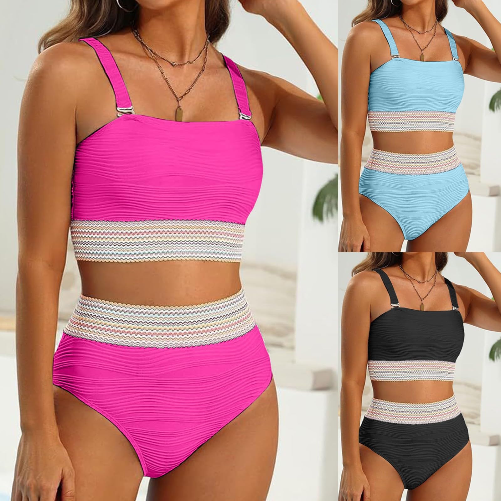 Ensembles Maillots Deux pièces pour Femmes Rembourré avec Bretelles Spaghetti Imprimées Push-up Bandeau Maillot de Bain de Plage Taille Haute Triangle Bikini Set Été Swimwear Beachwear