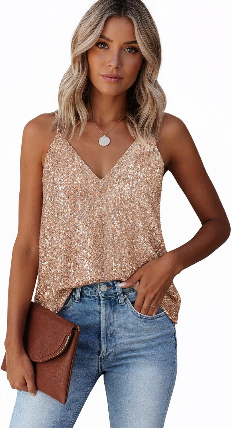 EUDOLAH Sequin Tops for Women Sparkle Camisole Shimmer Sleeveless V Neck Tanks Sexy Party Cami Going Out Outfits - Image 2