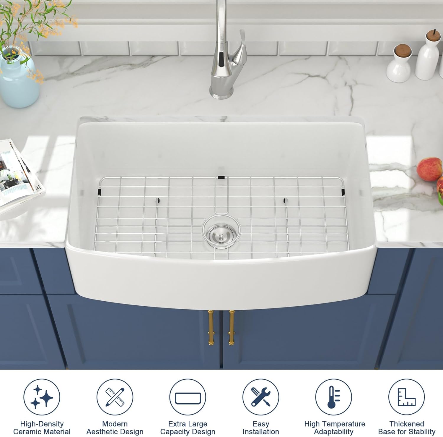 Lordear 33 Inch White Farmhouse Kitchen Sinks Apron Front Flat 33x19 Fireclay Porcelain Ceramic Farmers Single Bowl Farmer Sink Farm Sinks Basin Farm House Sink 33x19x10 Inch