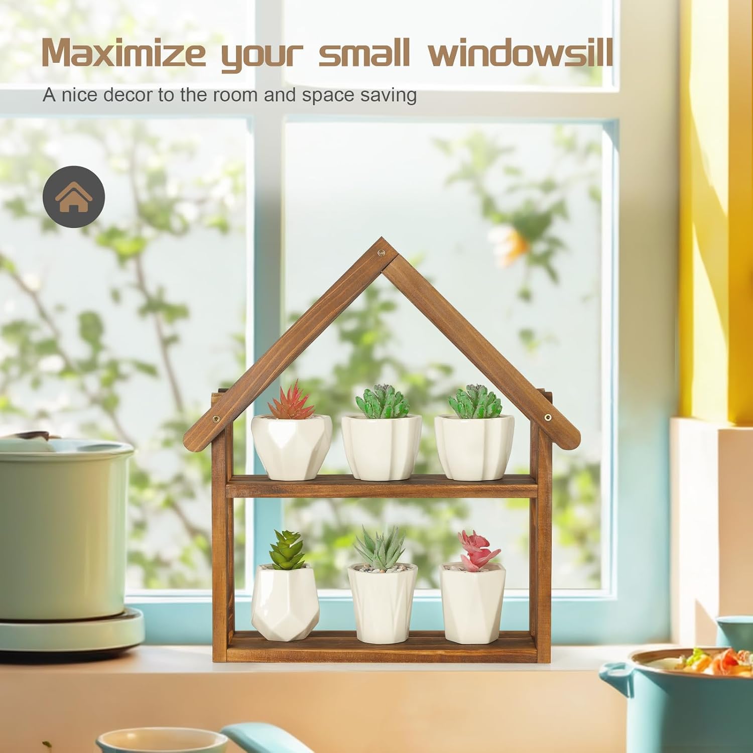 Jotsport 2 Tier Windowsill Plant Stand Small House Wood Plant Shelf Desktop Succulents Holder for Kitchen Living Room Office