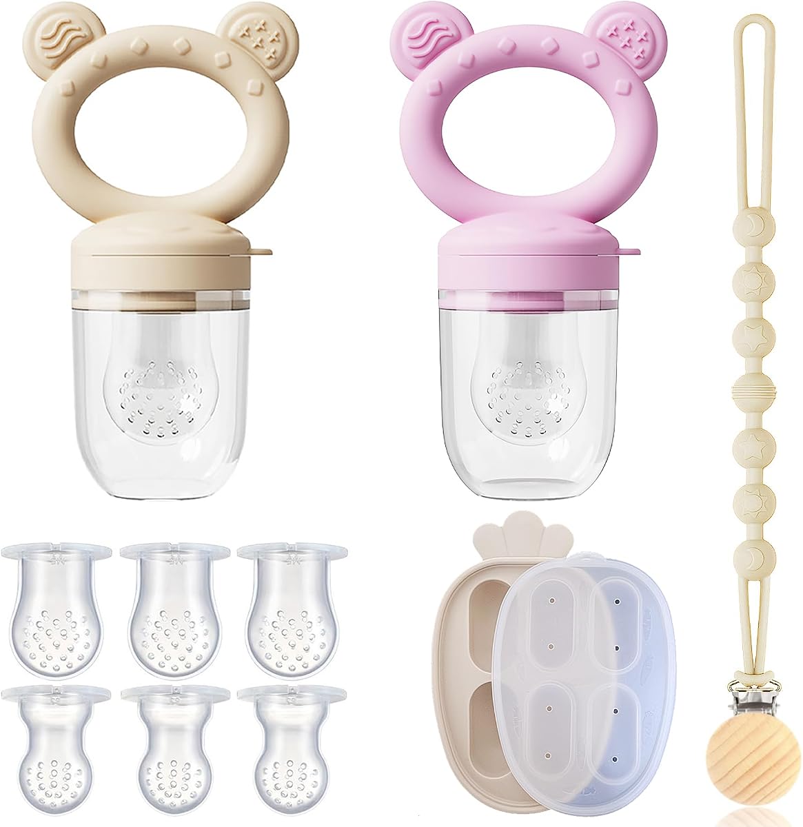 4-Pack Anti-Drop Baby Fruit Feeder Kit with Mini Freezer Tray for Teething | Silicone Food Feeder Pouches for Fresh Food, Breastmilk Popsicles and Purees, Teething Relief and Safe Infant Self-Feeding