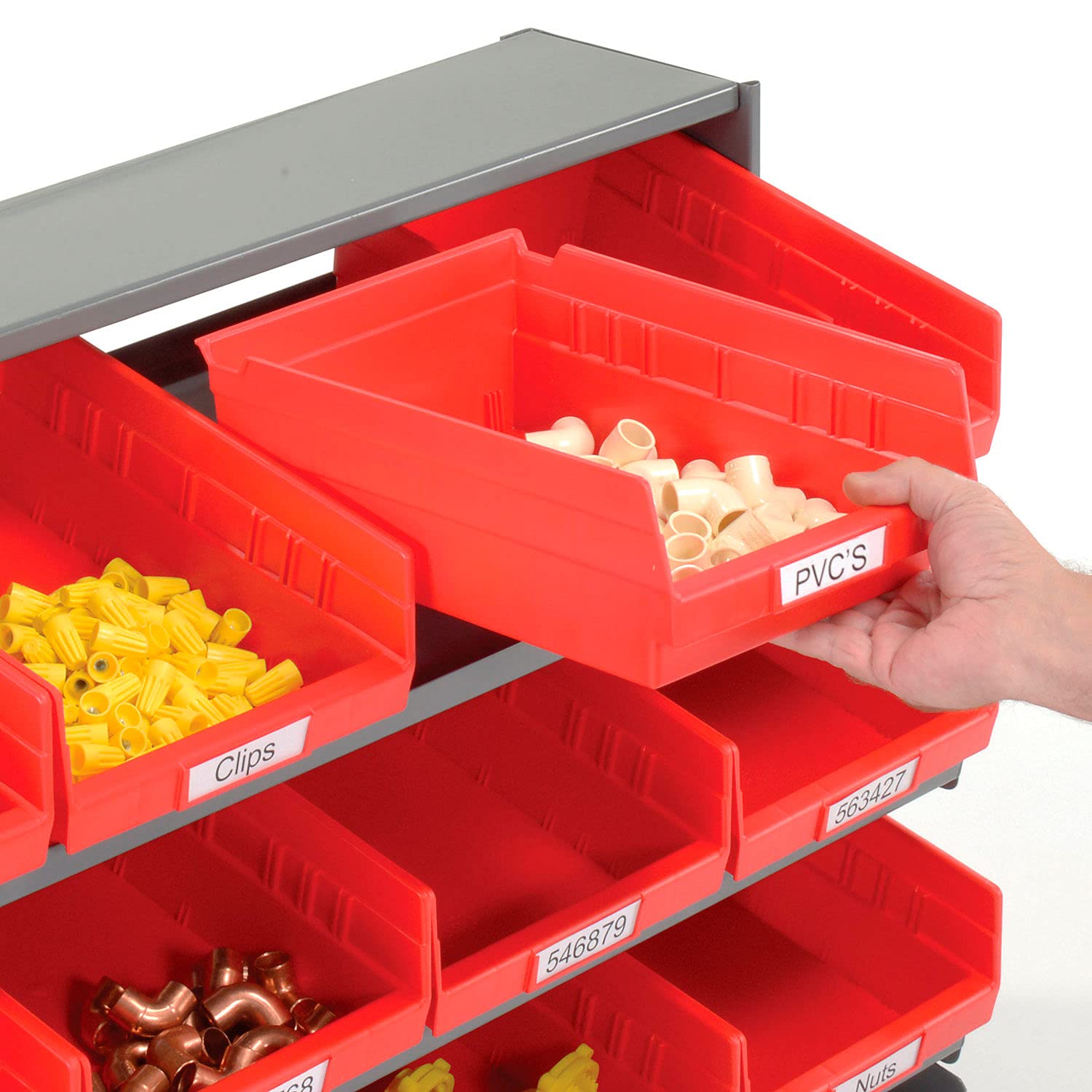 Global Industrial 3-Shelf Bench Rack With 12 Red Bins – 33"W X 12"D X 21"H, Heavy-Duty Steel