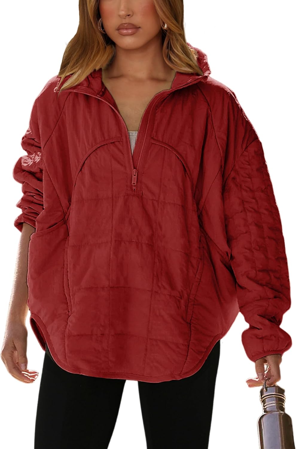 Daacee Oversized Lightweight Quilted Pullover Jacket for Women Half Zip Up Puffer Jackets Padded Outwear XS-2XL