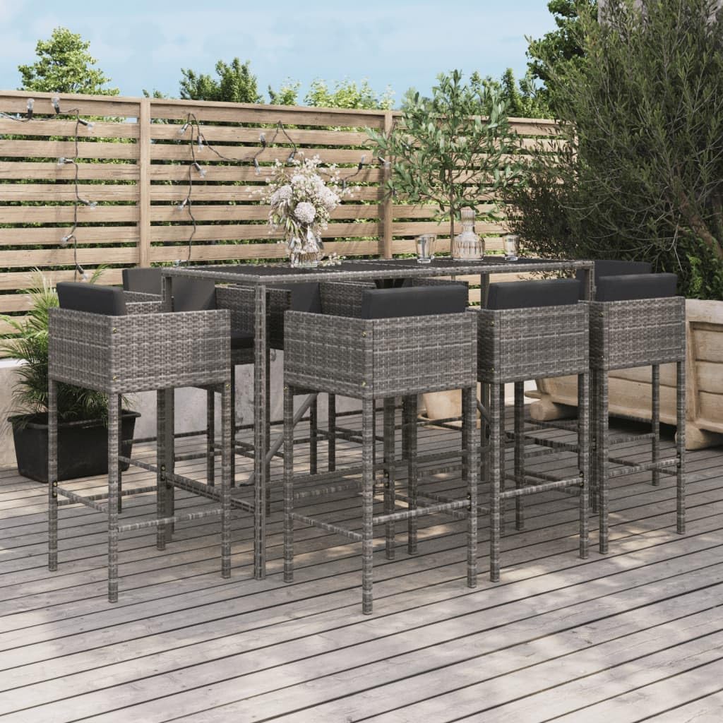 9 Piece Grey Poly Rattan Garden Bar Set with Cushions, Weather-Resistant PE Rattan Furniture and Tempered Glass Tabletop for Patio, Outdoor Dining and Relaxation