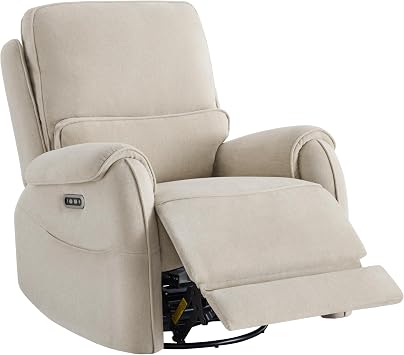 Watson & Whitely Power Recliner Chair W 3-Level LED Night Light, Swivel Glider Nursery Rocking Chair W Lumbar Pillow for Living Room, Oeko-TEX & FSC Certified, Fabric Sand