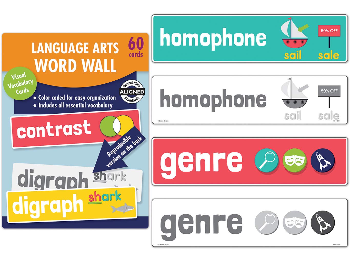 Carson Dellosa Grade 2 Language Arts Word Wall, 60 Color-Coded Vocabulary Flash Cards With Definitions, Phonics and Sight Words Flashcards for Kids Ages 6-7