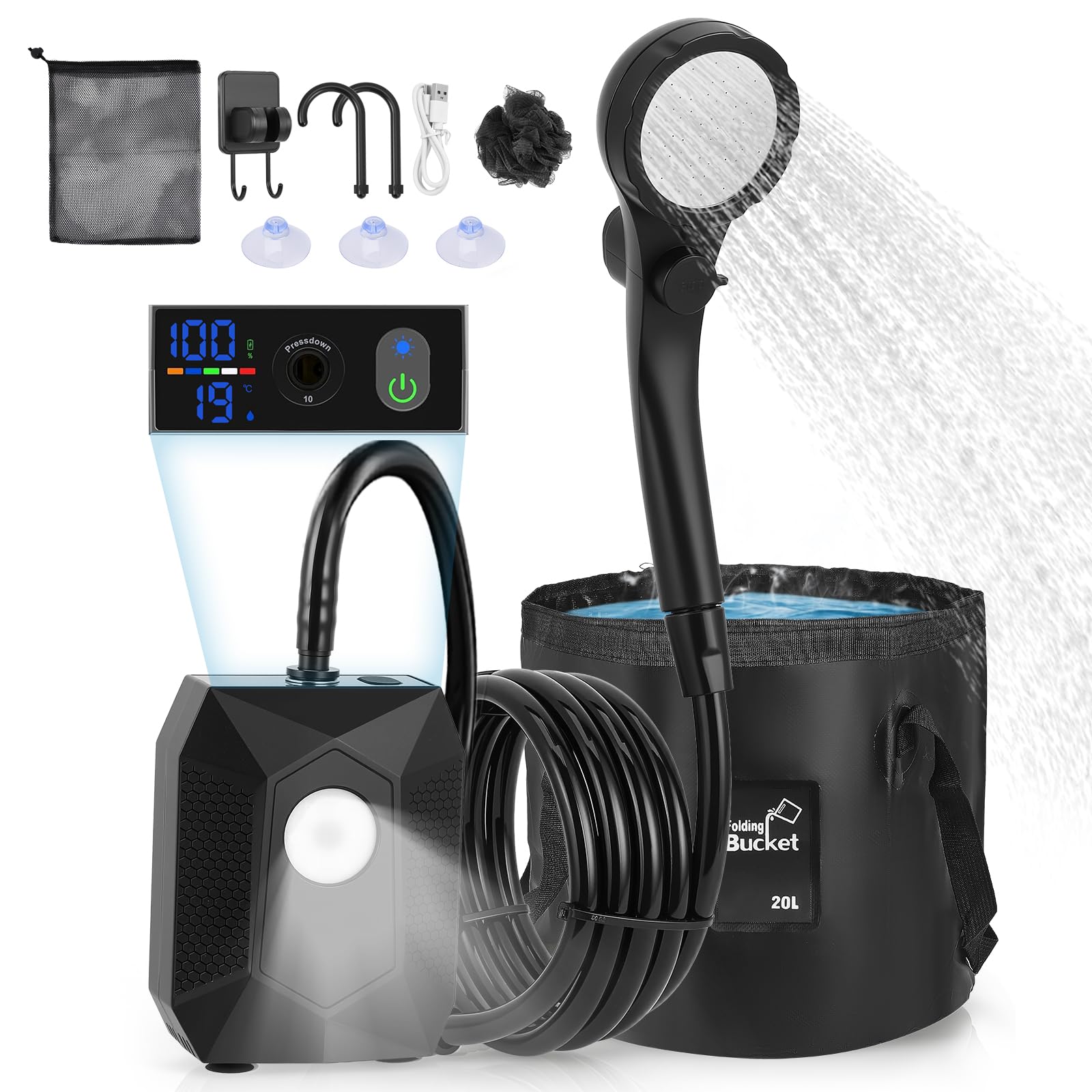 Ducha portátil para Camping, 6000mAh Bomba de Ducha, 4 Modos de iluminación, Resistencia al Agua IPX8, 5 Modos rociado, Kit con Cubo Plegable 20 L – para Playa, Senderismo, Mascotas y Auto