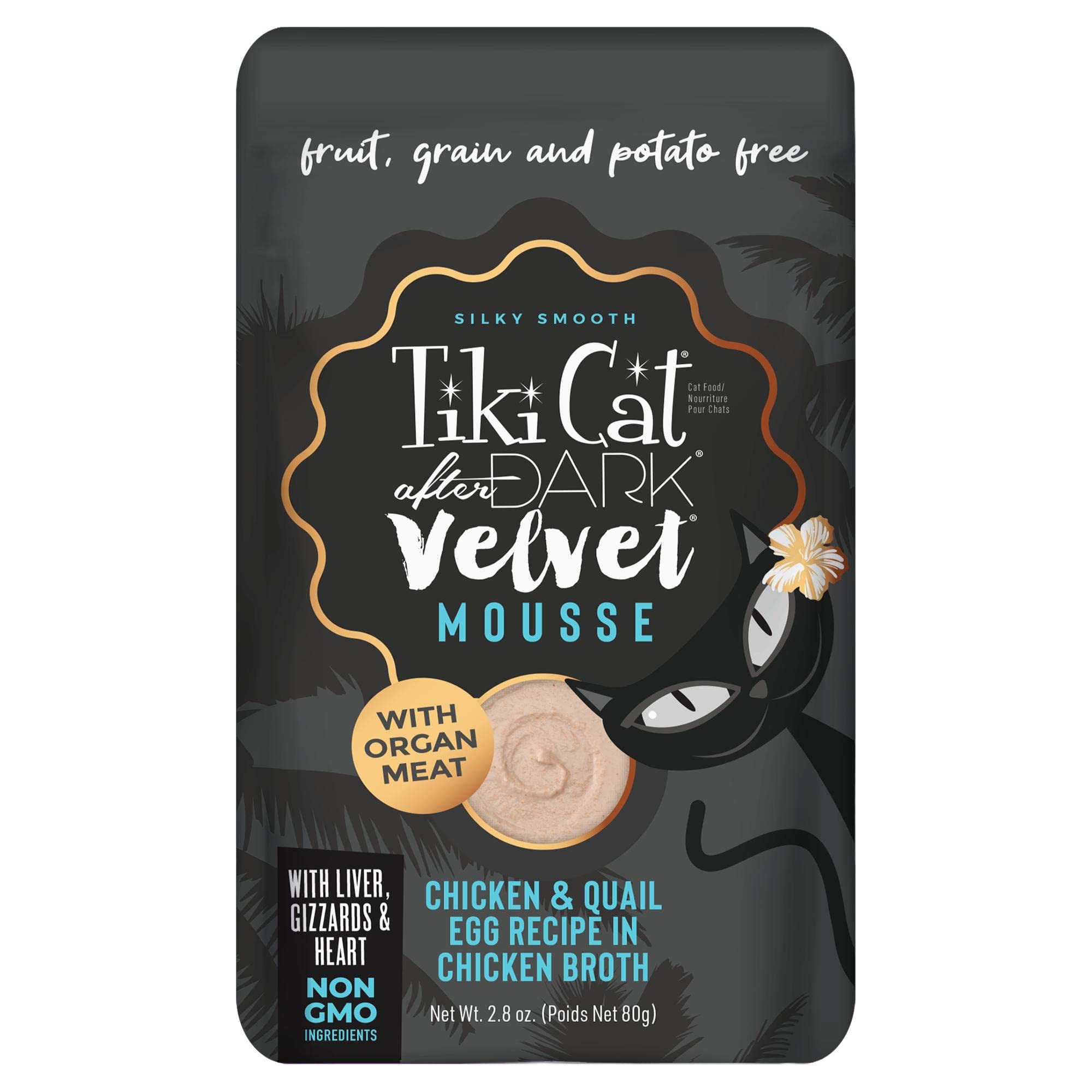 Tiki Cat After Dark, Velvet Mousse, Chicken & Quail Egg Recipe in Chicken Broth, Grain & Potato Free Formula, with High Protein & Nutrient Dense Blended Organ Meat, 2.8 oz. Pouch (Pack of 12)