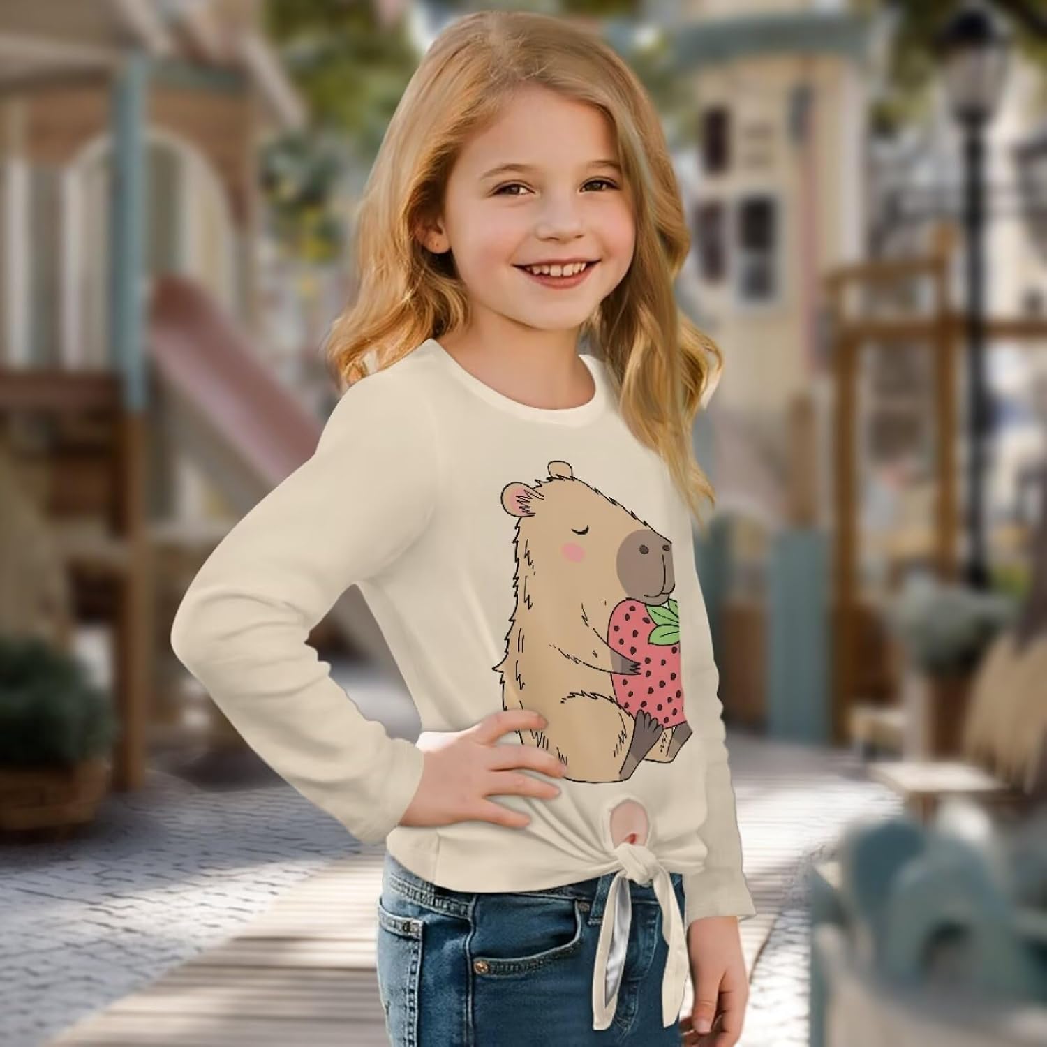 Girls T Shirts Crewneck Casual Sweatshirts Long Sleeve Pullover Tie Front Teens Top for Kids 5-12 Years