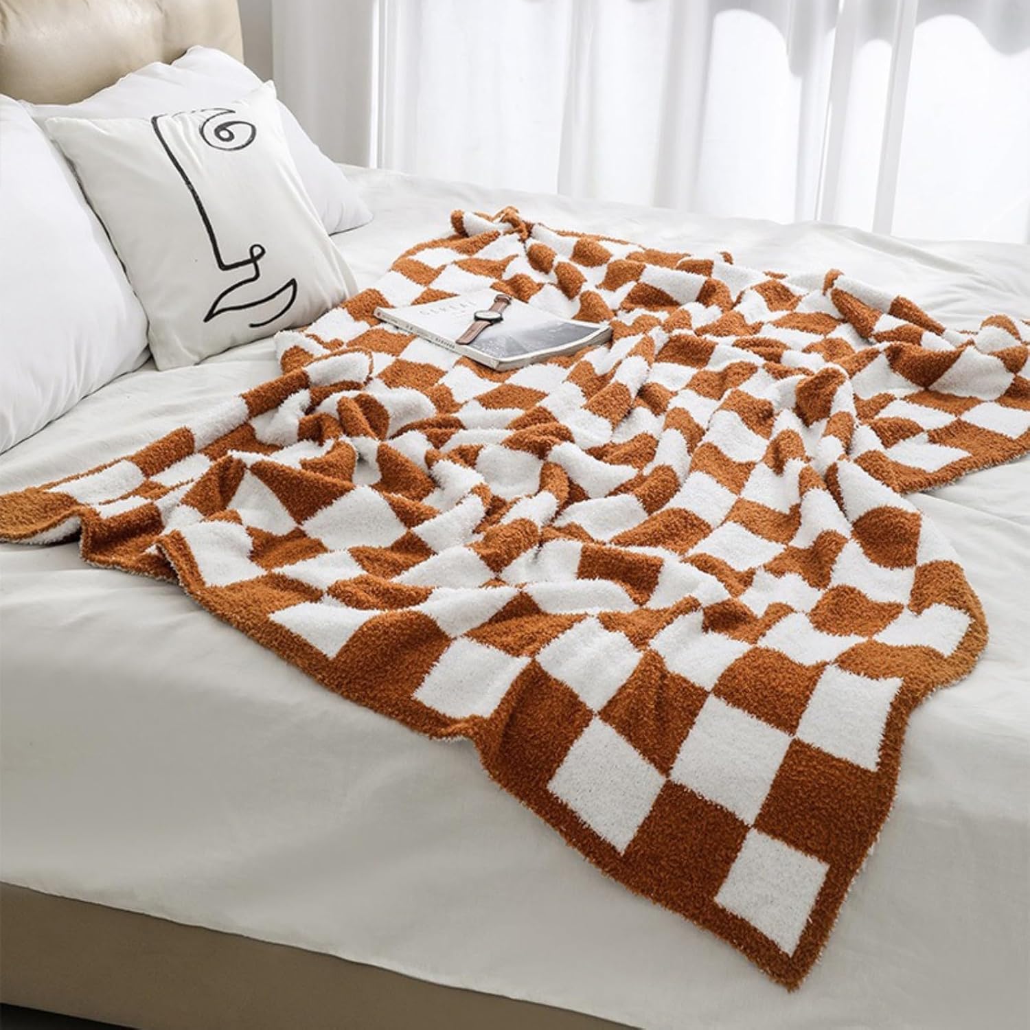 Soft Checkered Throw Blanket, Ultra Cozy Knit Yellow Throw Blanket Fluffy Fuzzy Reversible Checkerboard Blanket for Travel Couch Sofa Bed Decor, 51x63 inches, Khaki - Image 3