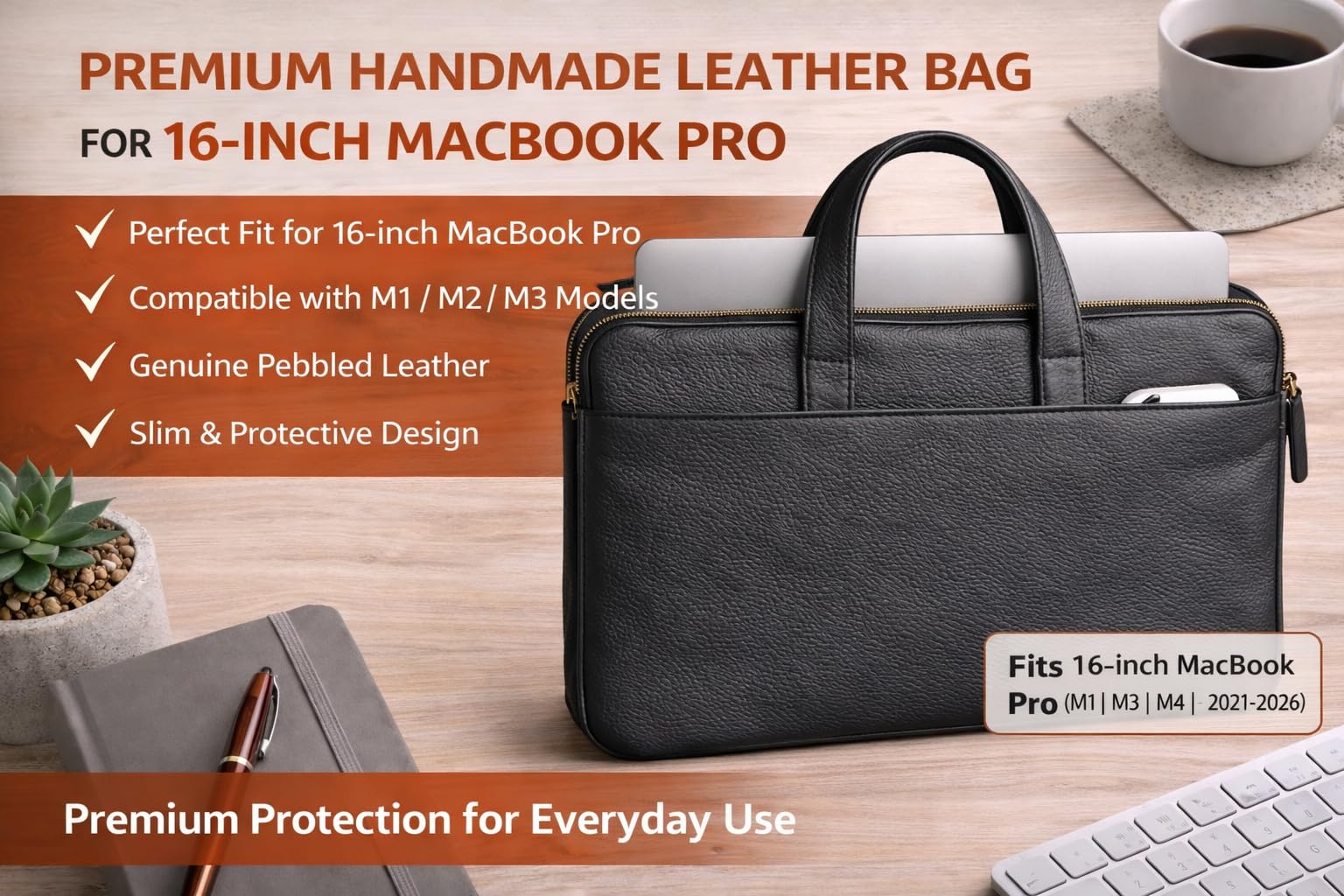 Borsa in pelle per laptop MacBook Pro da 16", fatta a mano, in pelle pieno fiore, con manici, custodia protettiva sottile (coccodrillo nero)
