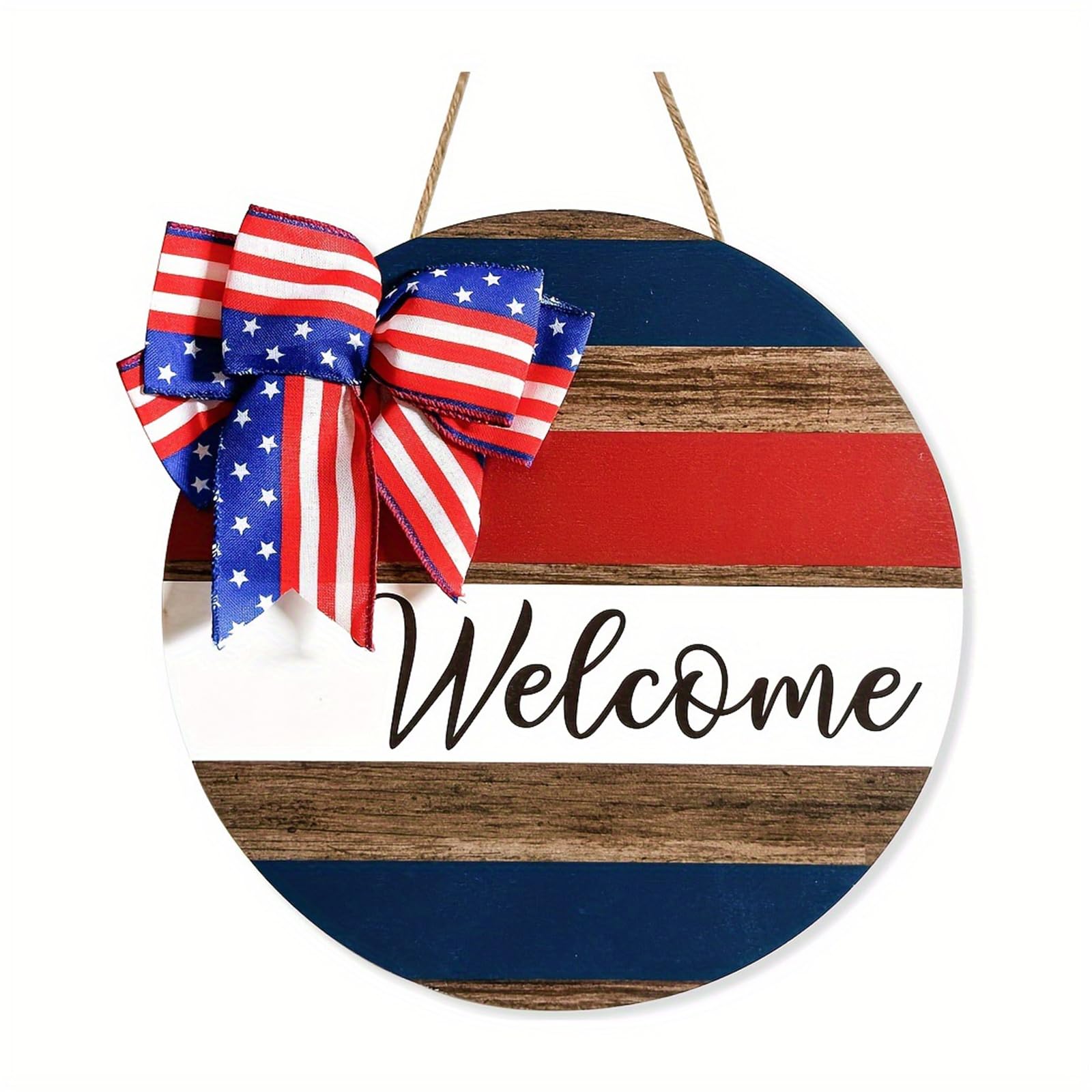 Independence Day Wreath, Decorative Welcome Door Sign with Bow for Holiday Welcome Gift