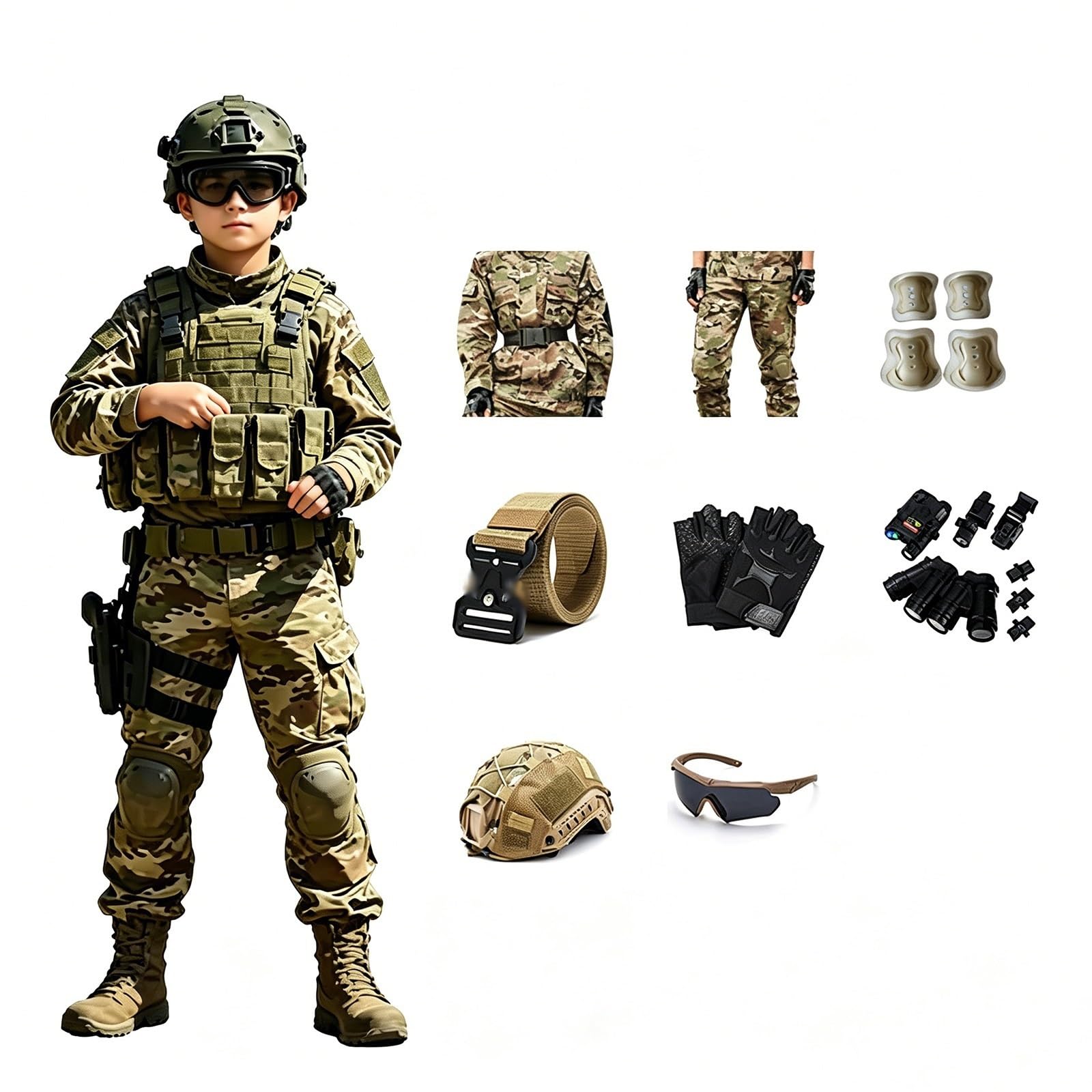Kinder Militär Kostüm Set Soldat Armee Rollenspiel Outfit mit Zubehör, Halloween und Geburtstags Geschenk Verkleidungsset