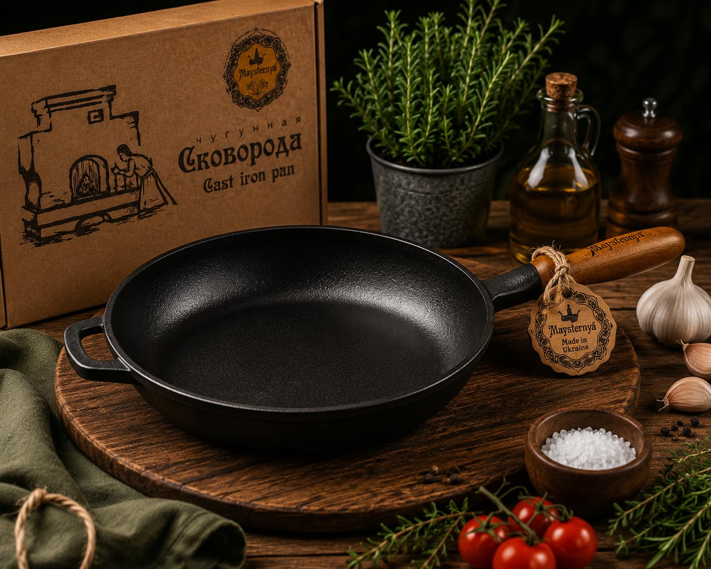 Sartén de Hierro Fundido Ø26 cm con Mango de Madera – Apta para Inducción, Horno y BBQ – Sin PFAS – Distribución Uniforme del Calor – Negra