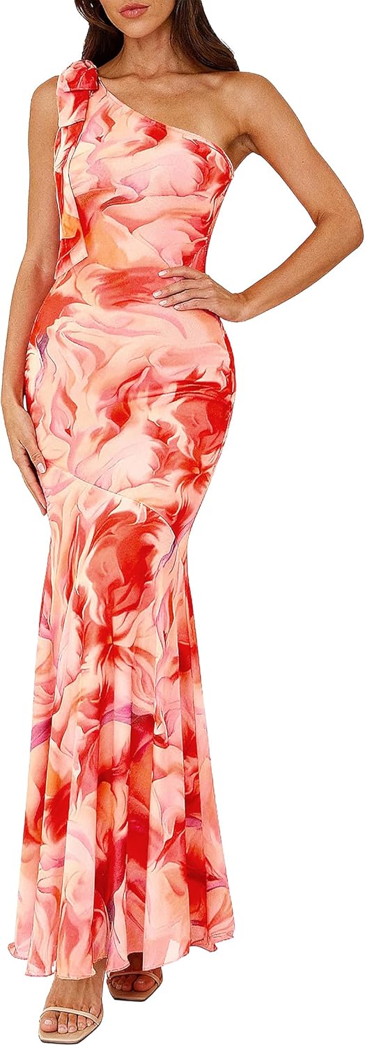 PRETTYGARDEN Womens Summer One Shoulder Maxi Dress 2026 Floral Sleeveless Bodycon Mesh Long Beach Vacation Sun Dresses
