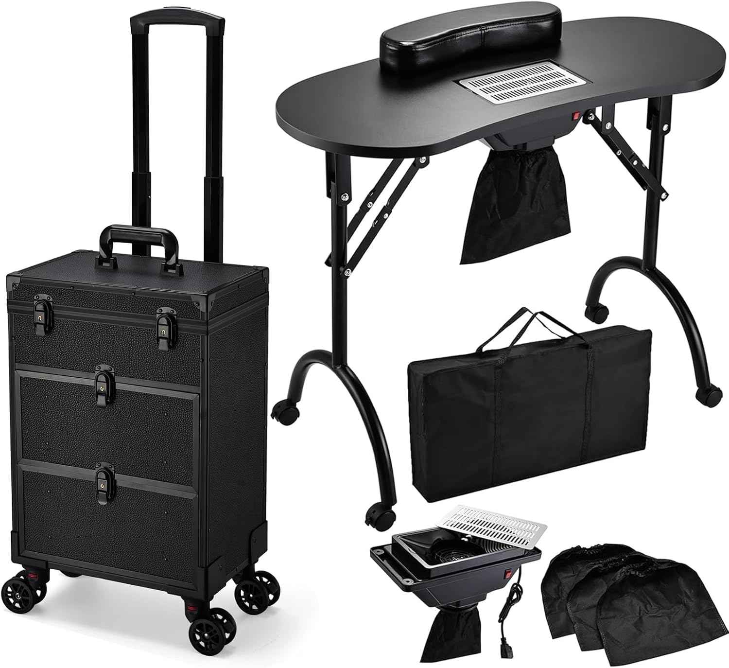 Rolling Makeup Train Case with 2 Extra Large Drawers Nail Organizer Case with Wheels Traveling Cosmetology Case with Makeup Pouch for Mobile Stylist Artists Nail Salon Cart Trunk Black
