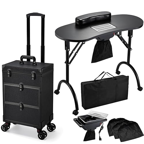 Faquenc Rolling Makeup Train Case With 2 Extra Large Drawers, Nail Organizer, Foldable Table With Electric Dust Collector, Manicure Desk for Mobile Stylists, Artist Salon Cart Trunk - Black