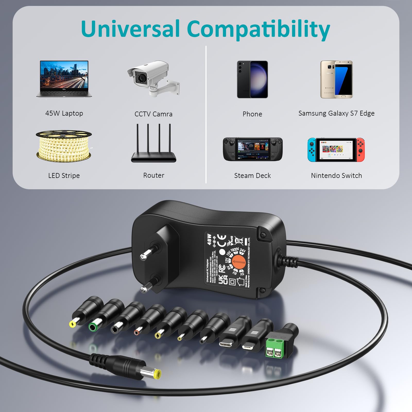 48W Adaptateur Secteur Universel AC DC 5V 6V 9V 12V 15V 19V 20V 24V 2A 3A 4A Chargeur Multi-Tensions avec 10 Fiches CC pour l'électronique Domestique, Contient USB-C