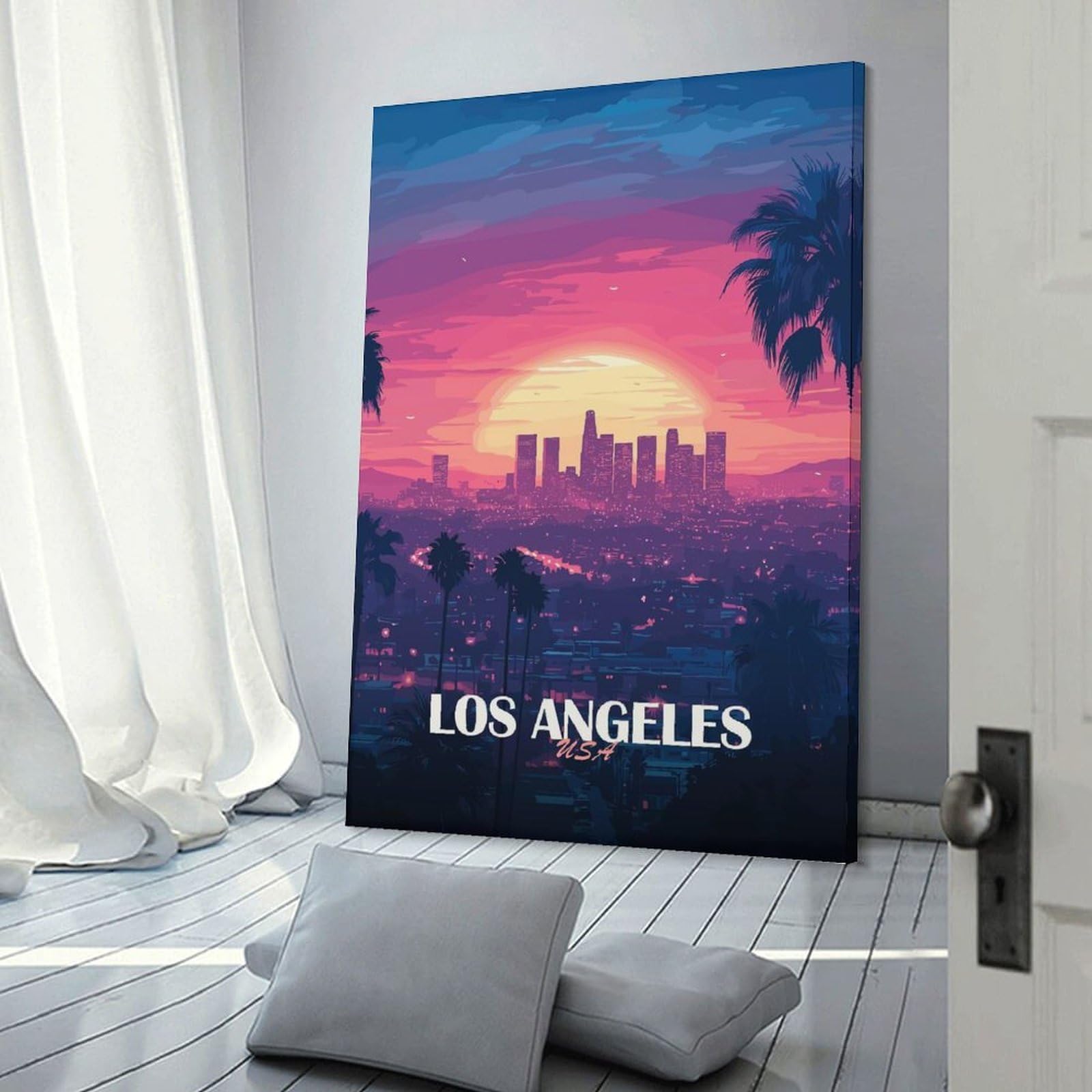 Junmoney Frame-Style-19-1 Room Decor Wall Art Los Angeles Sunset Skyline Illustration, 24X36inch(60X90cm), For Gallery Wall Decor And Room Displays, An Easy Match For Collected Prints