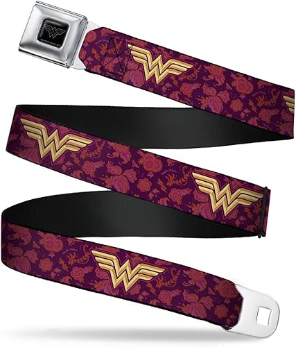 Cinturón de seguridad con hebilla Wonder Woman LogoCollage Floral PúrpuraRosasOro 1.0" Ancho 20-36 pulgadas de longitud