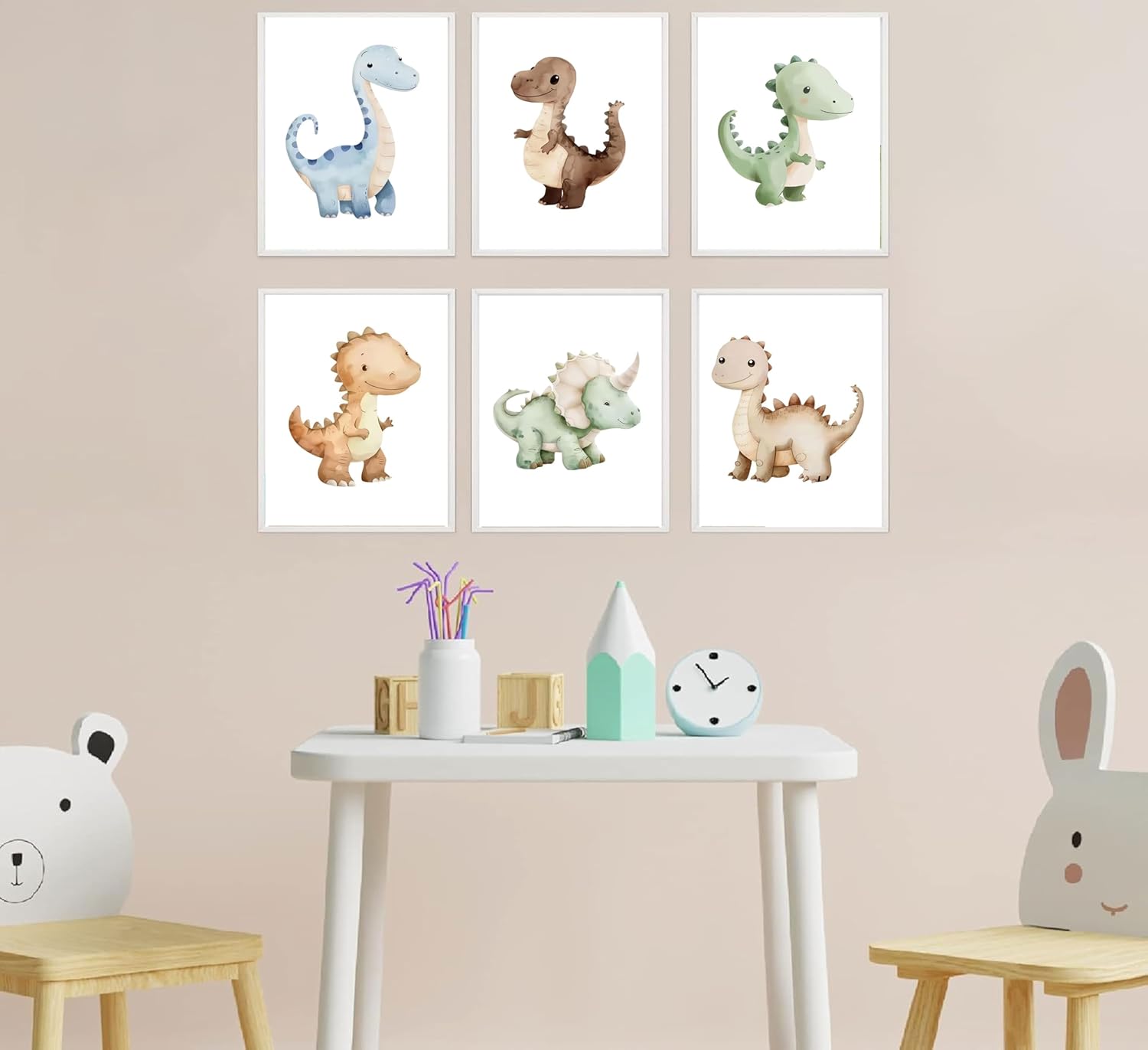 ELESFEK 6Pcs Dinosaur Nursery Wall Art Kids Room Canvas Poster Toddler Baby Watercolor Dino Wall Decor Dinosaur Painting Prints Cute Dino Pictures for Nursery Bedroom Boy Playroom Unframed
