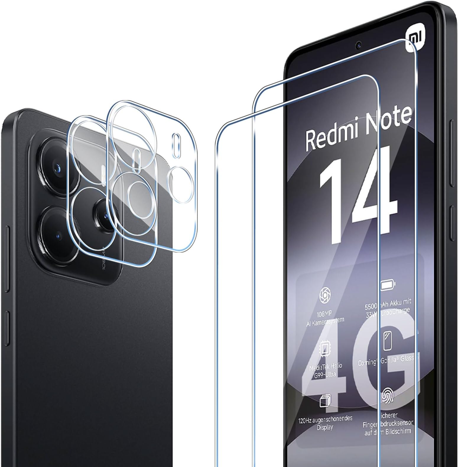Screen Protector for Xiaomi Redmi Note 14 4G, Tempered Glass Film + Camera Lens Protector [2+2 Pack], 9H Hardness Tempered Glass Bubble Free Anti-Scratch Screen Protective Film