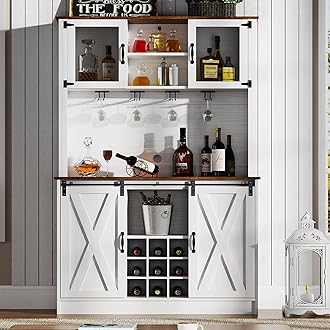 4ever2buy Farmhouse Coffee Bar Cabinet with Sliding Barn Doors, 72'' Hutch Cabinet with Storage, White Bar Cabinet with Glass Doors and Wine Rack, Tall Wine Bar for Living Dining Room